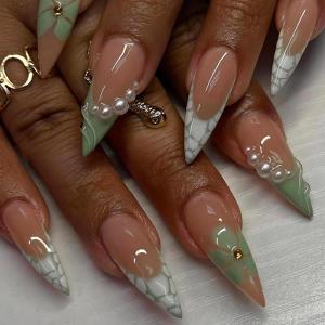 image:imageBABALAL Stiletto Press on Nails Long Fake Nails Black Red Glue on Nails Almond Acrylic Nails with Goth Design Stick on Nails for Women and Girls 24PcsNq203green