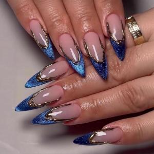 image:imageBABALAL Stiletto Press on Nails Long Fake Nails Black Red Glue on Nails Almond Acrylic Nails with Goth Design Stick on Nails for Women and Girls 24PcsNq202blue