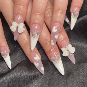 image:imageBABALAL Stiletto Press on Nails Long Fake Nails White French Glue on 3d Bow Heart Design Almond Stick on Acrylic Nails for Women and Girls 24Pcs