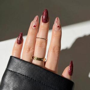 image:imageBABALAL Valentines Press on Nails Medium Almond  Red Glitter Fake Nails Sparkly Glossy Full Cover Acrylic Nails with Heart Branch Designs Reusable Glue on for Women 24PcsBNUA105