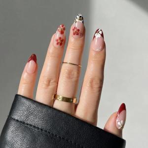 image:imageBABALAL Valentines Press on Nails Medium Almond  Red Glitter Fake Nails Sparkly Glossy Full Cover Acrylic Nails with Heart Branch Designs Reusable Glue on for Women 24PcsBNUA107