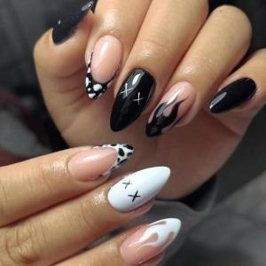 image:imageBABALAL Press on Nails Almond Medium Fake Nails Blue Glue on Ombre Flower Design Supplies Art 24Pcs Glossy Acrylic False Nails for Women GirlsBNYA108