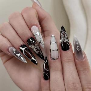 image:imageBABALAL Press on Nails Almond Medium Fake Nails Blue Glue on Ombre Flower Design Supplies Art 24Pcs Glossy Acrylic False Nails for Women GirlsBNYA110