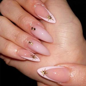 image:imageBABALAL Press on Nails Almond Medium Fake Nails Blue Glue on Ombre Flower Design Supplies Art 24Pcs Glossy Acrylic False Nails for Women GirlsBNYA115