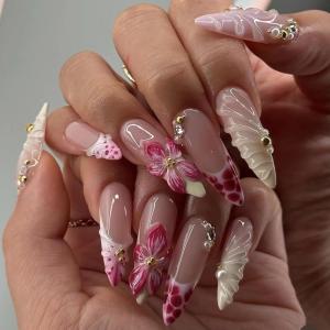 image:imageBABALAL Press on Nails Almond Medium Fake Nails Blue Glue on Ombre Flower Design Supplies Art 24Pcs Glossy Acrylic False Nails for Women GirlsBNYA119