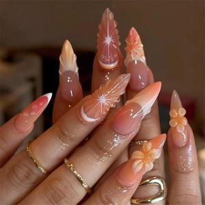 image:imageBABALAL Press on Nails Almond Medium Fake Nails Blue Glue on Ombre Flower Design Supplies Art 24Pcs Glossy Acrylic False Nails for Women GirlsBNYA123