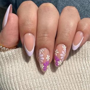 image:imageBABALAL Press on Nails Almond Medium Fake Nails Blue Glue on Ombre Flower Design Supplies Art 24Pcs Glossy Acrylic False Nails for Women GirlsBNYA124