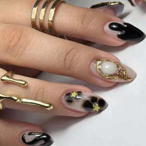 image:imageBABALAL Press on Nails Almond Medium Fake Nails Blue Glue on Ombre Flower Design Supplies Art 24Pcs Glossy Acrylic False Nails for Women GirlsBNYA125