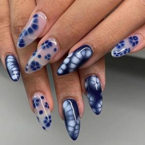 image:imageBABALAL Press on Nails Almond Medium Fake Nails Blue Glue on Ombre Flower Design Supplies Art 24Pcs Glossy Acrylic False Nails for Women GirlsBNYA126