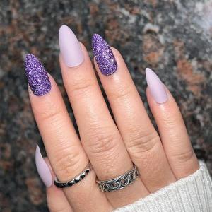image:imageBABALAL Press on Nails Medium Fake Nails Almond Purple Glue on Stiletto Acrylic with Design 24Pcs Shiny Stick on Acrylic Nails for Women and Girls