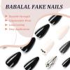 image:imageBABALAL Press on Nails Medium Fake Nails Almond Black Glue on Rhinestones Acrylic Stick on Nails 24Pcs Glossy Full Cover Nails for Women and Girls