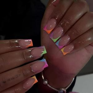 image:imageBABALAL Press on Nails  Almond Medium Fake Nails Glue on Blue French Tip Heart Print Rhinestone Bling Luxury False Nails 24Pcs Matte Valentines Manicure01A006colorful