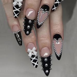 image:imageBABALAL Press on Nails  Almond Medium Fake Nails Glue on Blue French Tip Heart Print Rhinestone Bling Luxury False Nails 24Pcs Matte Valentines Manicure01A008