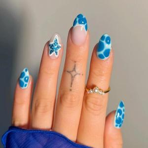 image:imageBABALAL Press on Nails  Almond Medium Fake Nails Glue on Blue French Tip Heart Print Rhinestone Bling Luxury False Nails 24Pcs Matte Valentines Manicure01A021