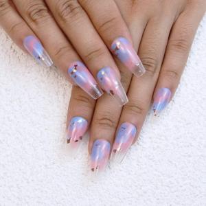 image:imageBABALAL Press on Nails  Almond Medium Fake Nails Glue on Blue French Tip Heart Print Rhinestone Bling Luxury False Nails 24Pcs Matte Valentines ManicureBlue  pink