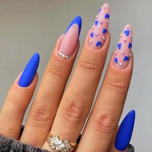 image:imageBABALAL Press on Nails  Almond Medium Fake Nails Glue on Blue French Tip Heart Print Rhinestone Bling Luxury False Nails 24Pcs Matte Valentines Manicure01A005blue