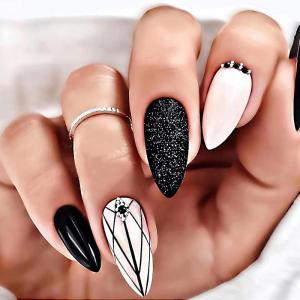 image:imageBABALAL Press on Nails Medium Fake Nails Almond Black Glue on Rhinestones Acrylic Stick on Nails 24Pcs Glossy Full Cover Nails for Women and Girls