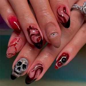 image:imageBABALAL Red Press on Nails Almond Medium Fake Nails Bling Glitter Stick on Bow Design Christmas Gift Acrylic Manicure 24Pcs Full Cover Glossy False NailsFNn03spooky