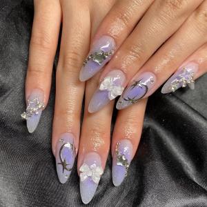 image:imageBABALAL Red Press on Nails Almond Medium Fake Nails Bling Glitter Stick on Bow Design Christmas Gift Acrylic Manicure 24Pcs Full Cover Glossy False NailsFNn03purple