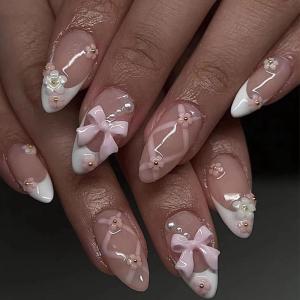 image:imageBABALAL Red Press on Nails Almond Medium Fake Nails Bling Glitter Stick on Bow Design Christmas Gift Acrylic Manicure 24Pcs Full Cover Glossy False NailsFNn05flower