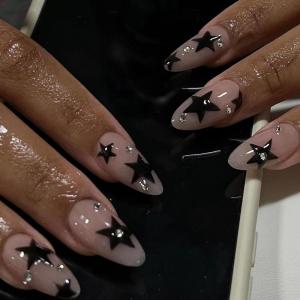 image:imageBABALAL Red Press on Nails Almond Medium Fake Nails Bling Glitter Stick on Bow Design Christmas Gift Acrylic Manicure 24Pcs Full Cover Glossy False NailsFNn01star