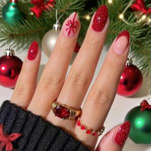 image:imageBABALAL Red Press on Nails Almond Medium Fake Nails Bling Glitter Stick on Bow Design Christmas Gift Acrylic Manicure 24Pcs Full Cover Glossy False NailsFNn21redbow
