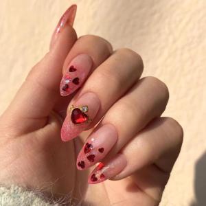 image:imageBABALAL Valentines Day Press on Nails Medium Almond Fake Nails Pink Glitter Glue on Nails 3D Heart Love Charm Design Acrylic Nails 24Pcs Stiletto Rhinestone Cute False Nails for Women and Girls
