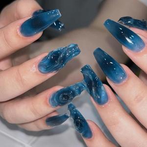image:imageBABALAL Press on Nails Long Square Fake Nails Purple French Tip Glue ons 3d Texture Flower Handmade Design Supplies Diy Art 24Pcs XL Glossy Acrylic False NailsFnm09blue