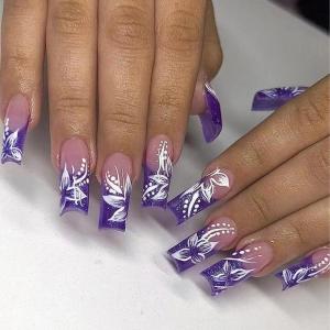 image:imageBABALAL Press on Nails Long Square Fake Nails Purple French Tip Glue ons 3d Texture Flower Handmade Design Supplies Diy Art 24Pcs XL Glossy Acrylic False NailsFnm0302