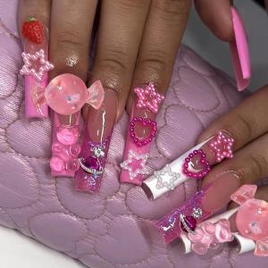 image:imageBABALAL Press on Nails Long Square Fake Nails Purple French Tip Glue ons 3d Texture Flower Handmade Design Supplies Diy Art 24Pcs XL Glossy Acrylic False NailsFnm07strawberry