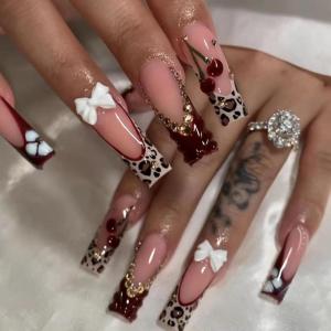 image:imageBABALAL Long Square Press on Nails Burgundy Red French Tip Leopard Cheetah Design 3d Cherry Handmade Manicure Acrylic False Nails 24Pcs with Bow CharmFna104burgundy