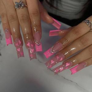 image:imageBABALAL Long Square Press on Nails Burgundy Red French Tip Leopard Cheetah Design 3d Cherry Handmade Manicure Acrylic False Nails 24Pcs with Bow CharmFna101pink