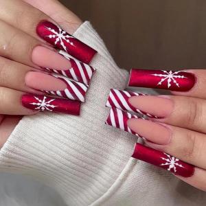 image:imageBABALAL Long Square Press on Nails Burgundy Red French Tip Leopard Cheetah Design 3d Cherry Handmade Manicure Acrylic False Nails 24Pcs with Bow CharmFna103xmas
