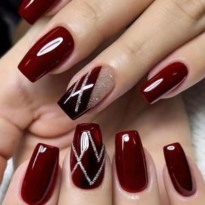 image:imageBABALAL Polka Dot Press on Nails Short Square Fake Nails  Brown Green Blue 3D Design Cat Eye Bling Y2k Anime Plaid Acrylic 24Pcs False NailsFNr14red