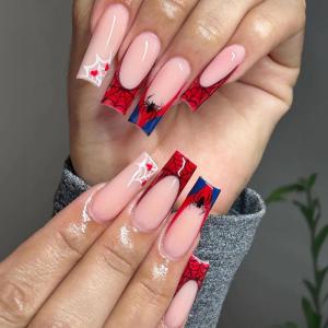 image:imageBABALAL Press on Nails  Long Square Glue on Nails Cheetah Leopard French Tip Red Acrylic 3D Y2k Trendy Design Thick Glossy Full Cover Fake Nails 24Pcs CustomFNO11red