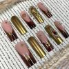 image:imageBABALAL Long Coffin Press on Nails  Gold Chrome Fake Nails 3d Design Cat Eye Bling Shiny French Tip Luxury Acrylic False Nails 24Pcs CustombbfnH022