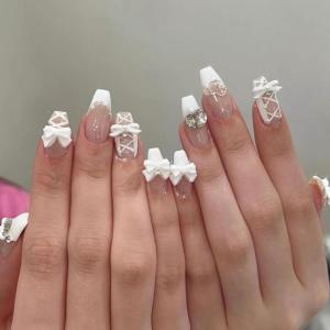 image:imageBABALAL Acrylic Press on Nails Medium Coffin Fake Nails  White French Tip Bow Charm amp Shiny Rhinestone Luxury Design Handmade Manicure 24Pcs Full Cover False NailsBNR1010white