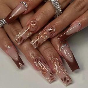 image:imageBABALAL Acrylic Press on Nails Medium Coffin Fake Nails  White French Tip Bow Charm amp Shiny Rhinestone Luxury Design Handmade Manicure 24Pcs Full Cover False NailsBNR107