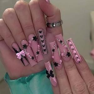 image:imageBABALAL Acrylic Press on Nails Medium Coffin Fake Nails  White French Tip Bow Charm amp Shiny Rhinestone Luxury Design Handmade Manicure 24Pcs Full Cover False NailsBNR105