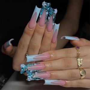 image:imageBABALAL Acrylic Press on Nails Medium Coffin Fake Nails  White French Tip Bow Charm amp Shiny Rhinestone Luxury Design Handmade Manicure 24Pcs Full Cover False NailsBNR106