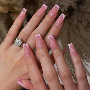 image:imageBABALAL Acrylic Press on Nails Medium Coffin Fake Nails  White French Tip Bow Charm amp Shiny Rhinestone Luxury Design Handmade Manicure 24Pcs Full Cover False NailsBNR111pink