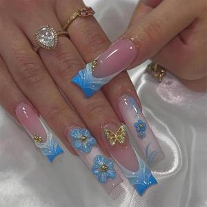 image:imageBABALAL Acrylic Press on Nails Medium Coffin Fake Nails  White French Tip Bow Charm amp Shiny Rhinestone Luxury Design Handmade Manicure 24Pcs Full Cover False NailsBNR109