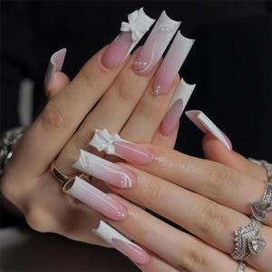 image:imageBABALAL Acrylic Press on Nails Medium Coffin Fake Nails  White French Tip Bow Charm amp Shiny Rhinestone Luxury Design Handmade Manicure 24Pcs Full Cover False NailsBNR112