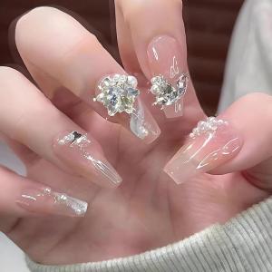 image:imageBABALAL Bling Press on Nails Long Coffin Fake Nails Nude Glue on Nails Shiny Rhinestone Charm Design Luxury Acrylic Nails 24Pcs Ballerina False Nails