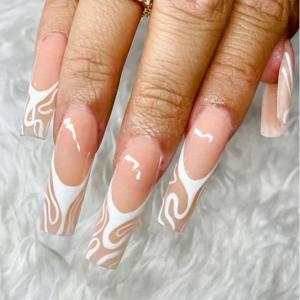 image:imageBABALAL Coffin Press on Nails Long Fake Nails Glue on Omber Marble 24 Pcs Ballerina Glossy Stick on Acrylic False Nails for Women and Girls