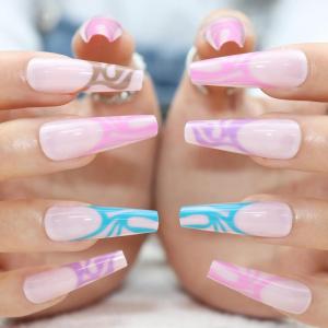 image:imageBABALAL Coffin Press on Nails Long Fake Nails with Nail Glue Glossy Glue on Nails 24pcs Ballerina Acrylic Nails French Full Cover False Nails for Women and Girls