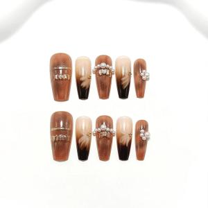 image:imageBABALAL Long Coffin Press On Nails  Brown Silver Chrome Ombre Fake Nails with Luxury Design Gold Charms 10 Pieces Custom Handmade False Nails For Women ManicureBNCU111