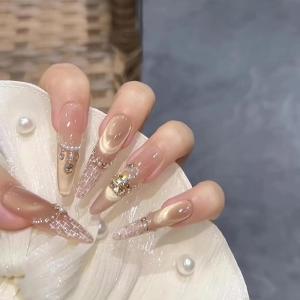 image:imageBABALAL Long Coffin Press On Nails  Brown Silver Chrome Ombre Fake Nails with Luxury Design Gold Charms 10 Pieces Custom Handmade False Nails For Women ManicureBNCU105