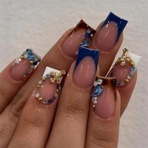 image:imageBABALAL Long Coffin Press on Nails  Gold Chrome Fake Nails 3d Design Cat Eye Bling Shiny French Tip Luxury Acrylic False Nails 24Pcs CustombbfnH001