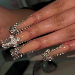 image:imageBABALAL Long Coffin Press on Nails  Gold Chrome Fake Nails 3d Design Cat Eye Bling Shiny French Tip Luxury Acrylic False Nails 24Pcs CustombbfnH005
